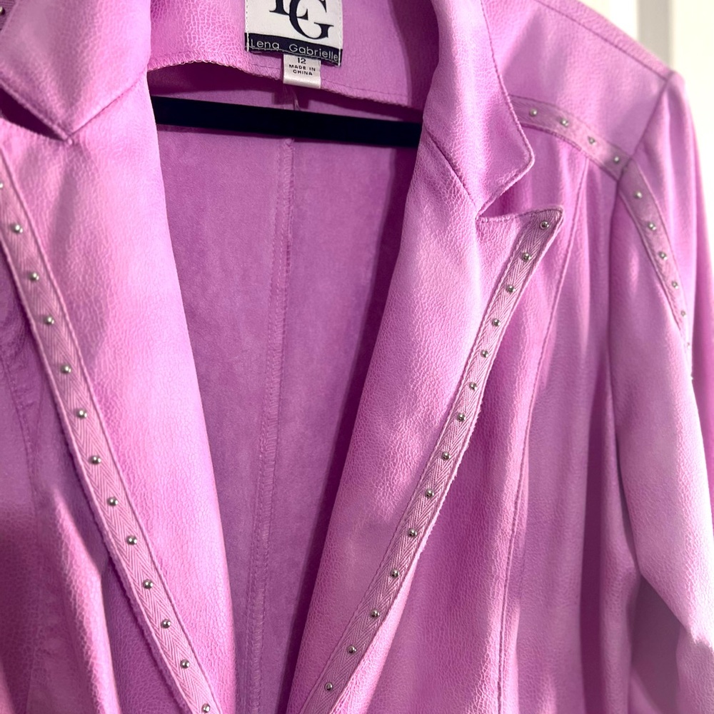 Beautiful pink, Lena Gabriel faux suede, long blazer style coat with hook & eye